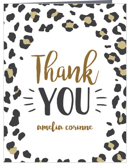 Stormy grey and pseudo gold prints frame the border of the Leopard Print Children's Birthday Party Thank You Cards.