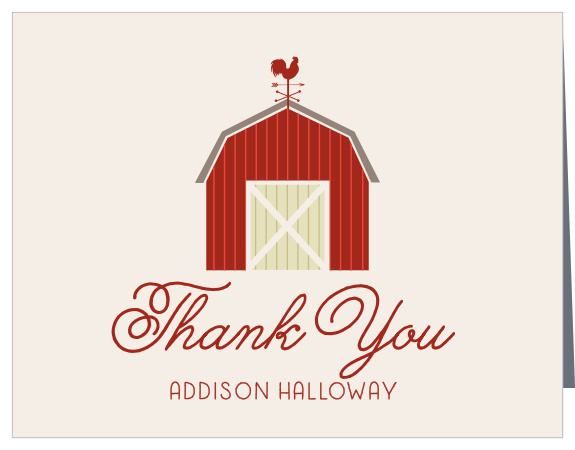 Throw open the barn doors to reveal your personalized message of gratitude on our On the Farm Children's Birthday Party Thank You Cards. Deep, rustic red text spells out a simple "thank you" above your own name, crowned by the penultimate feature of the card: a beautifully illustrated barn. With plenty of space inside for writing something special to each and every one of your little one's guests, these cards are perfect for your after-party preparations.