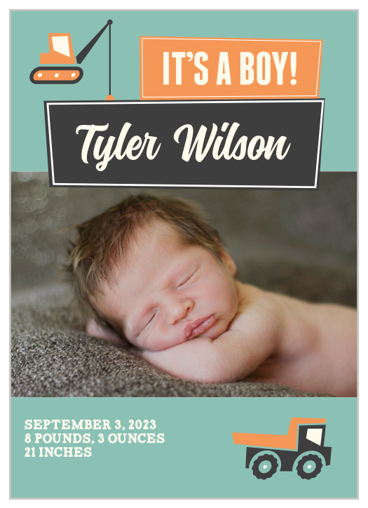 Show off your baby with this playful truck baby announcement!