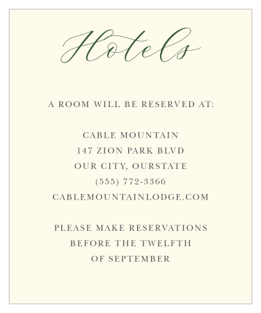Provide your guests with the information they need to be comfortable in the days surrounding your wedding with the lovely, simplistic style of our Forest Fairytale Accommodation Cards. Green calligraphy titles the cream page, standing out sharply above the details of your own recommendations below for a still light and airy appearance.