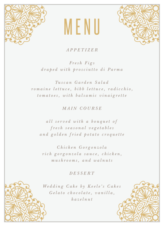 These Golden Lace Wedding Menus take the unique design of the corresponding wedding invitations and make them even more delicate and beautiful! 