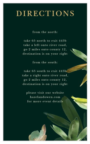 Guide your guests step by step to the wedding venue of your dreams with our Hawaii Palm Leaves Direction Cards. A deep-green background sets the stage for every word of your detailed instructions, written in a lovely cream to contrast, while palm leaves grow from the bottom-right corner of the card like a stylized oil painting.
