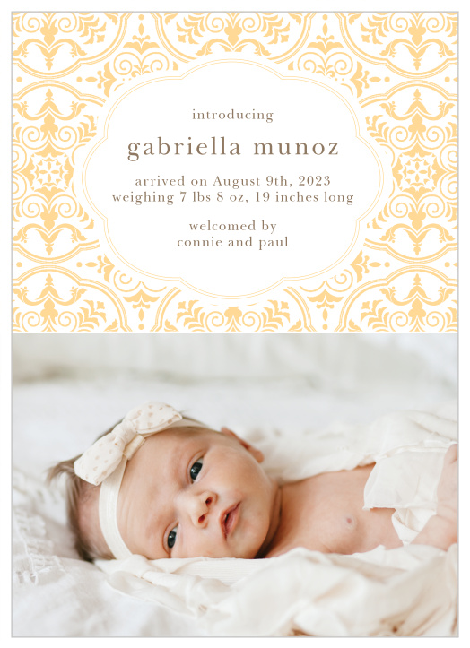 Our Pattern Hello Birth Announcements inform friends and family that your new bundle of joy has arrived.
