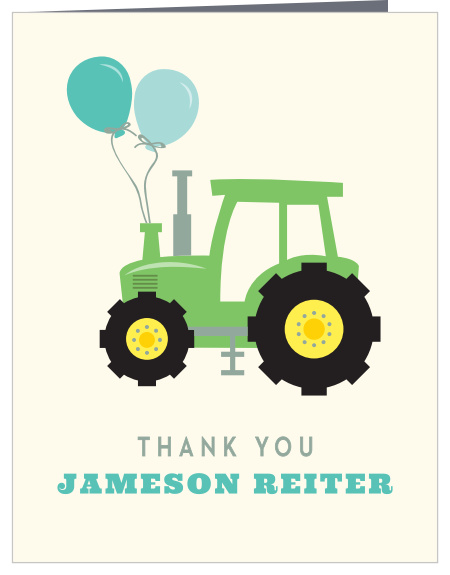 Tractor Party Children's Birthday Party Thank You Cards help you say everything you could ever need to. Soft pastels cover the page, forming a light green tractor illustration that's busy towing two of your biggest and bluest balloons. With your name just below and plenty of space inside to personalize each card to each guest, these cards are the perfect finish for your party preparations.