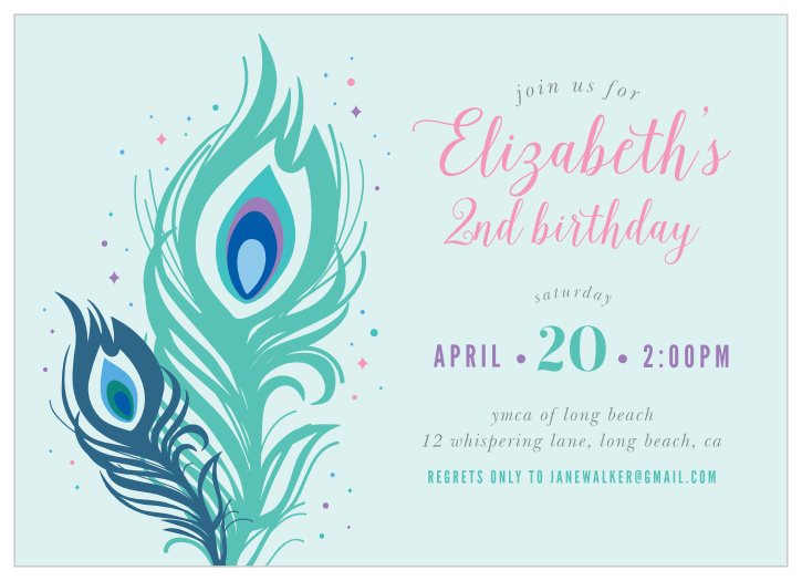 Utilizing a stunning combination of colors and typography, our Pretty Peacock Children's Birthday Party Invitations are the perfect cards for your child's party!