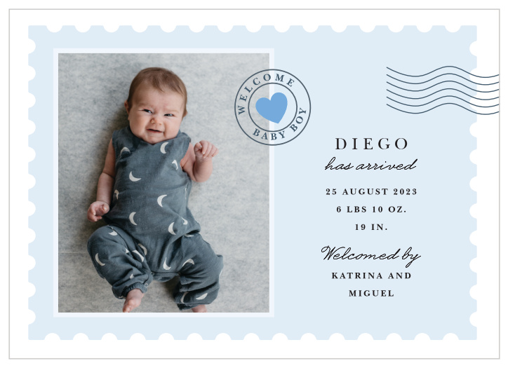 Broadcast the arrival of the newest member of your family to the world with our Stamp of Approval Birth Announcements.