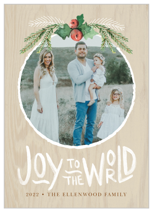 Our Rustic Holly Christmas Cards feature a background stylized to look like a light-colored wood. 