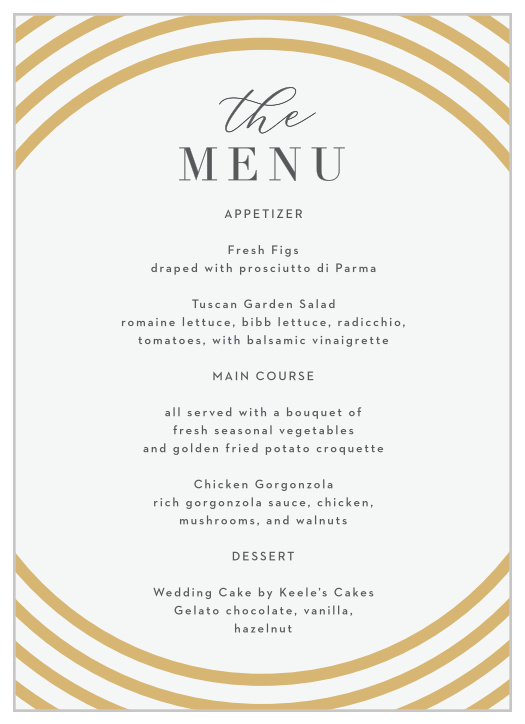 Inform family and friends what mouthwatering foods will be served at your reception with our Modern Circles Wedding Menus.