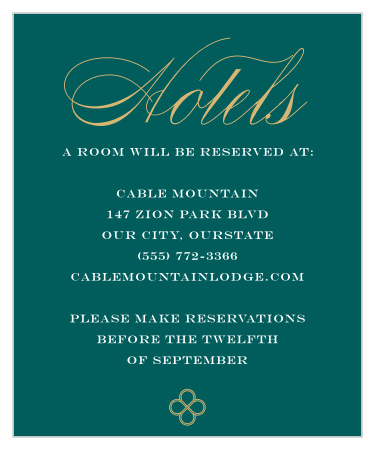 Our Irish Cross Accommodation Cards take the same green of the text in some of the other items in this wedding invitation package and make it the background color, continuing the theme in a vibrant way.
