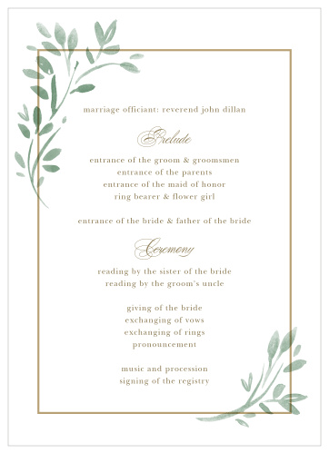 Help your guests follow along as you take each step down the aisle with the botanical stylings of our Fairytale Leaves Wedding Programs. Vines stretch and grow along opposing corners of the page, serving as a lovely complement to the old-gold text that shares each moment and member of your wedding day. With a mixture of neat typography and elegant calligraphy to augment every word, you can be sure that your guests are absolutely riveted.