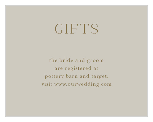 Ensure that you start the next stage of your life off on the right foot when you use our Fairytale Leaves Registry Cards to guide your guests. Elegant, old-gold type spells out the location(s) of your wedding registry, guaranteeing that your guests know precisely what you and your partner need and want. 