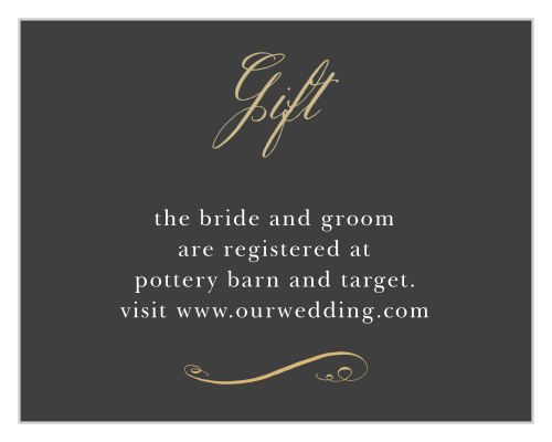 Gold, vintage calligraphy contrasts against a stormy gray background to create our Gothic Script Registry Cards.