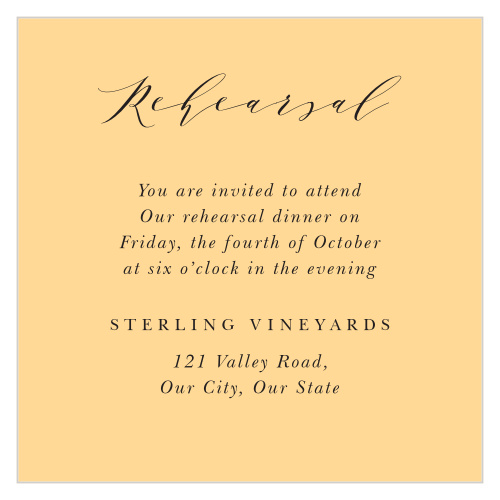 Our Tuscany Vineyard Rehearsal Cards are sunset colored and neatly state your rehearsal dinner details.