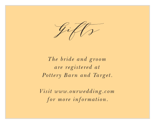Our Tuscany Vineyard Registry Cards are sunset colored and neatly state your registry details.