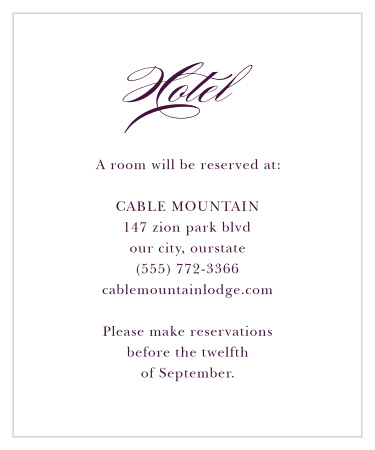 Our Blooming Frame Accommodation Cards takes the purple and white color scheme of our corresponding place cards and rehearsal cards and inverts them, creating a mostly white design with purple accents. 