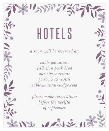 Our Monochromatic Mauve Accommodation Cards have a beautiful border of leaves and flowers blossoming around them.