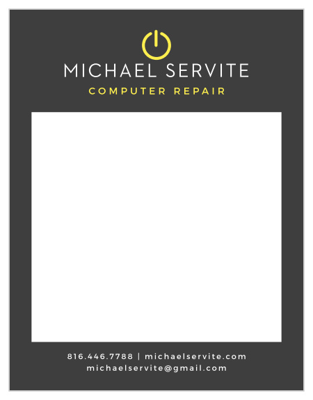 Our Computer Power Business Stationery features a deep grey background with a white square that sits on top.  