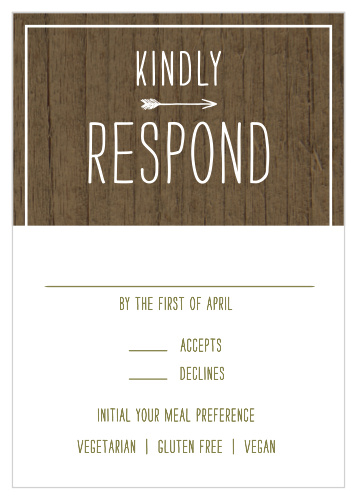 As a split design, two halves that complement and complete each other, our Rustic Union Response Cards are a perfect reflection of your wedding day. The top section of the design features your title in white against the woodgrain background of the other cards in this wedding suite, while the bottom utilizes pecan-colored text against a white background for clear legibility.