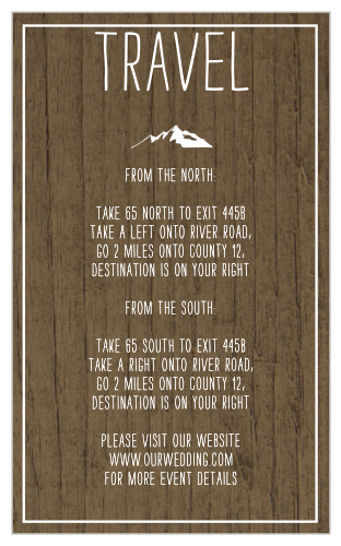Guide your guests to your nature-themed wedding with the woodgrain focus of our Rustic Union Direction Cards. Each twist and turn on the way to your venue is seemingly etched into the wood print, a neat typography in white that's as easy to read as it is to love.
