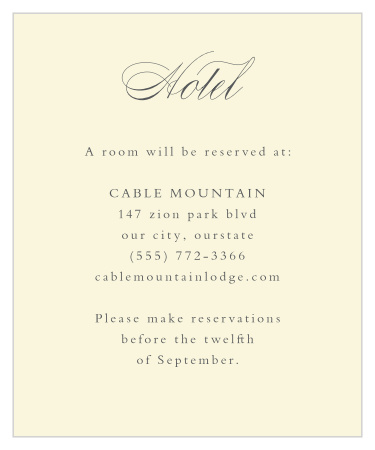 On the classic champagne color of our Rustic Ampersand Accommodation Cards, your own local recommendations are laid out clearly in neat, black typography to ensure that your guests are as comfortable as possible in the days surrounding your wedding.