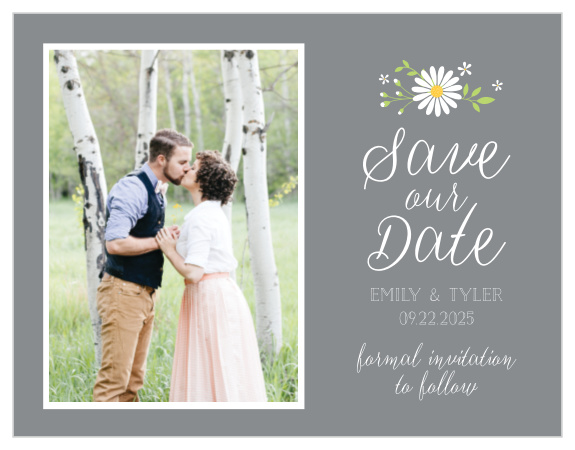 Your photo is beautifully displayed on the Daisy Frame Save-the-Date Cards!