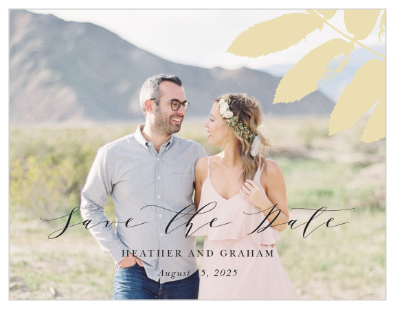 A beautiful photo of you as a couple comprises the background of our Gilded Leaf Save-the-Date Magnets!