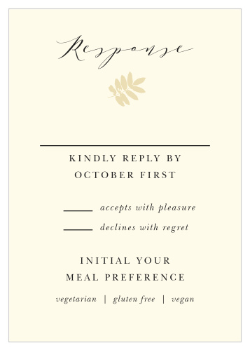 Our Gilded Leaf Response Cards are an easy way for you to get a headcount for your wedding and start planning for your big day accordingly!