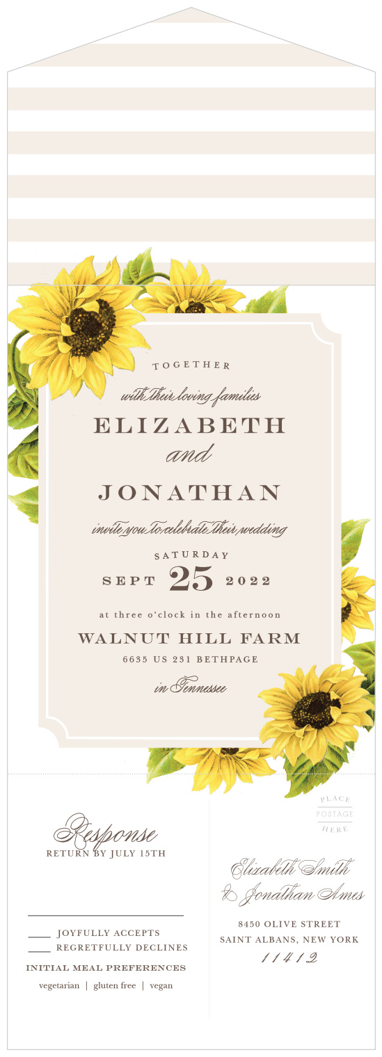 Stunning Watercolour Sunflower Personalised Wedding Order Of The Day Cards 