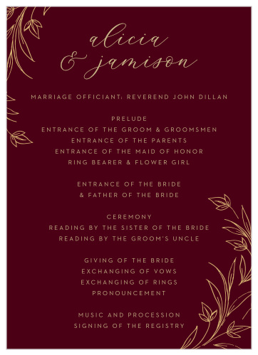 The beautiful gold and deep red color scheme of our Redwood Forest Wedding Programs is truly one of a kind!  