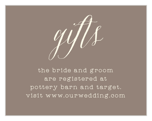 Start your next stage of life off on the right foot with the beatific style of our Wildflower Ampersand Registry Cards. Elegant calligraphy tops each card, a quick explanation of its purpose, before the location of your registry is written out in neat, white typography against the old-bronze background.