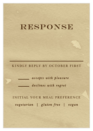 The mottled, cream-colored background of our Leaves of Fall Response Cards gives them an elegant, vintage appeal.  