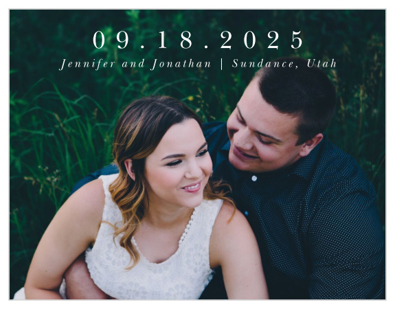 You can choose your favorite photo of you as a couple to feature as the background of you Watercolor Pines Save-the-Date Cards!