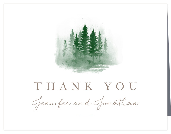 A dreamy scene of a pine tree forest adorns the center of the Watercolor Pines Wedding Thank You Cards.
