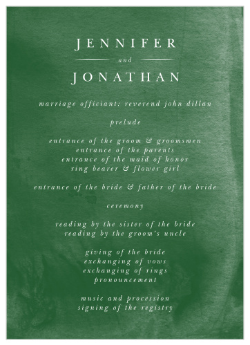 The foresty vibe of this wedding invitation package continues with the deep green colors of our Watercolor Pines Wedding Programs!