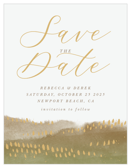 A watercolor impression of a mountain range on a brisk, autumn day sets the scene for your scripted names and wedding details on our Moody Mountains Save-the-Date Cards.