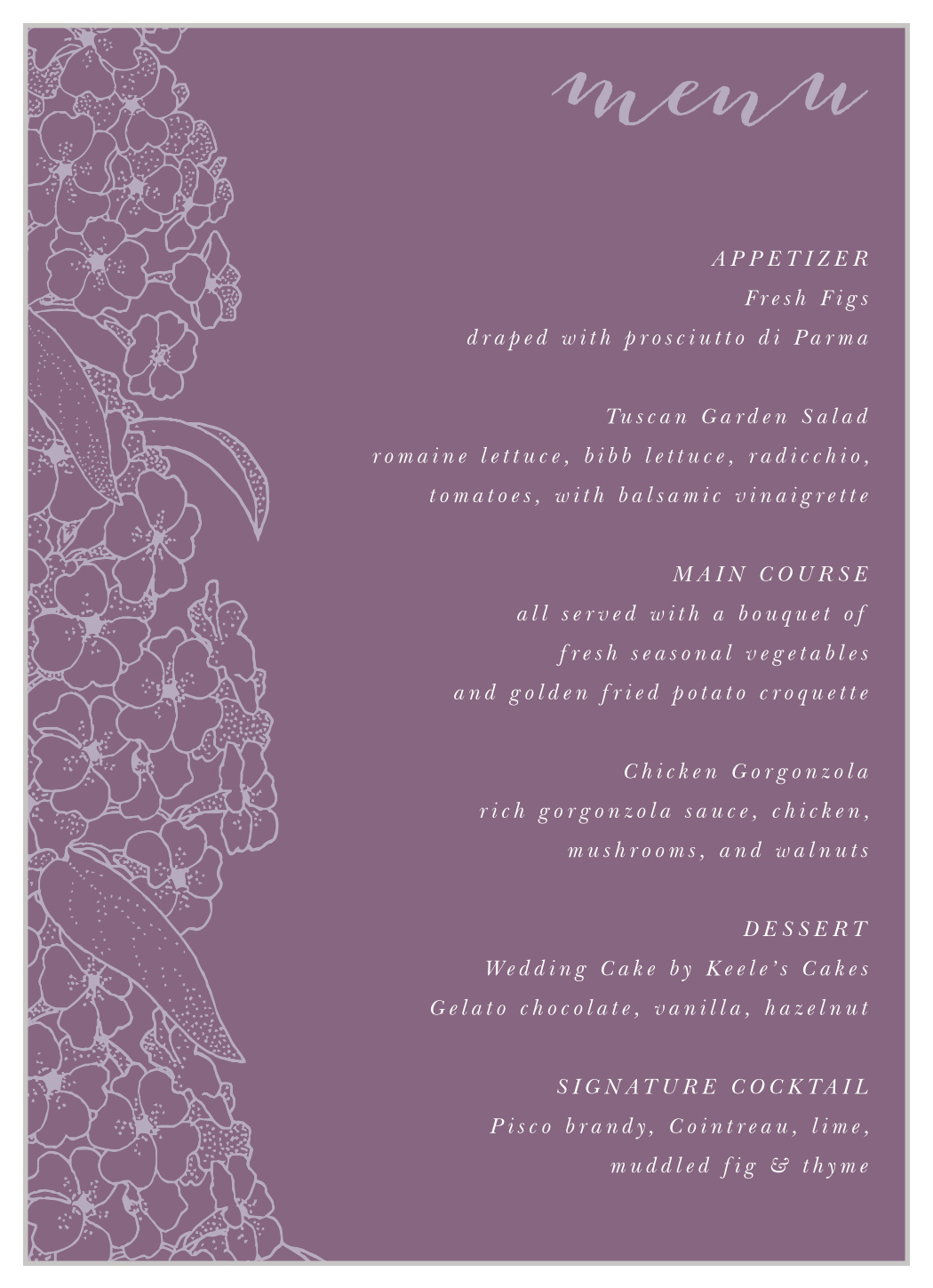 Hydrangea Blossoms Wedding Menus