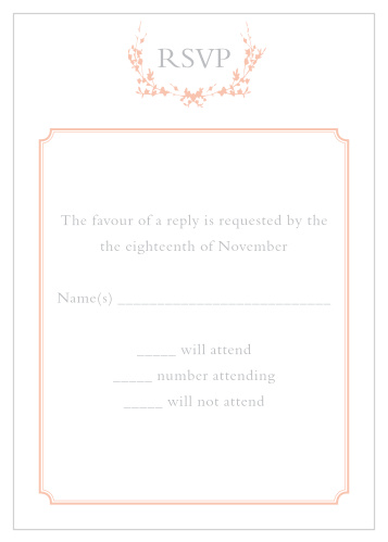 Obtain your guests attendance by sending out this matching RSVP card. Customize the colors and fonts to match you wedding theme exactly!