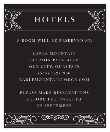Elegantly embellished, the Our Union Accommodation Cards feature Victorian flourishes and traditional type.