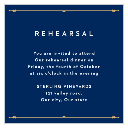 Your rehearsal is one of the most important parts of your wedding weekend, so make sure everyone who needs to be there makes it with our Happily Ever After Rehearsal Cards!