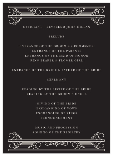 Elegantly embellished, the Our Union Wedding Programs feature Victorian flourishes and traditional type.