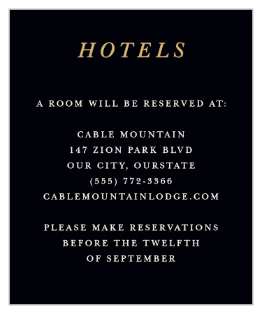 Keep your guests content and comfortable in the days surrounding your wedding with our Ornate Love Accommodation Cards. A rich-black background ensures that every cream-colored word stands out sharply, while the shining gold-foil of your title serves to catch the eye.
