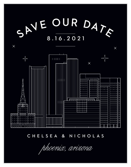 Ensure that your loving family and friends mark their calendars for your wedding with our beautifully illustrated Phoenix Skyline Save-the-Date Magnets.