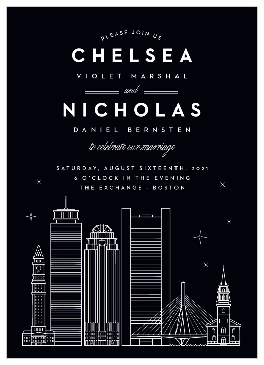 Our Boston Skyline Wedding Invitations lay out your wedding-day details in a stunning high-contrast design.