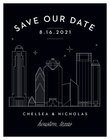 Ensure that your loved ones mark their calendars for your wedding with our high-contrast designed Houston Skyline Save-the-Date Magnets.