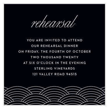 Invite cherished guests to your wedding ceremony with our San Diego Skyline Rehearsal Cards. "Rehearsal" stamps the top of each card in swirling white typography, with the details directly below