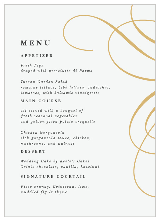 Our Old World Swirls Wedding Menus describe each delicious dish that will be served at your reception.