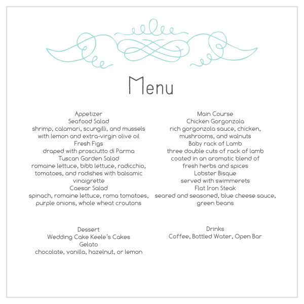 The Dotted Flourish wedding menu with its distinctive and elegant swirl matching the rest of the Vintage Flourish invitation suite perfectly.