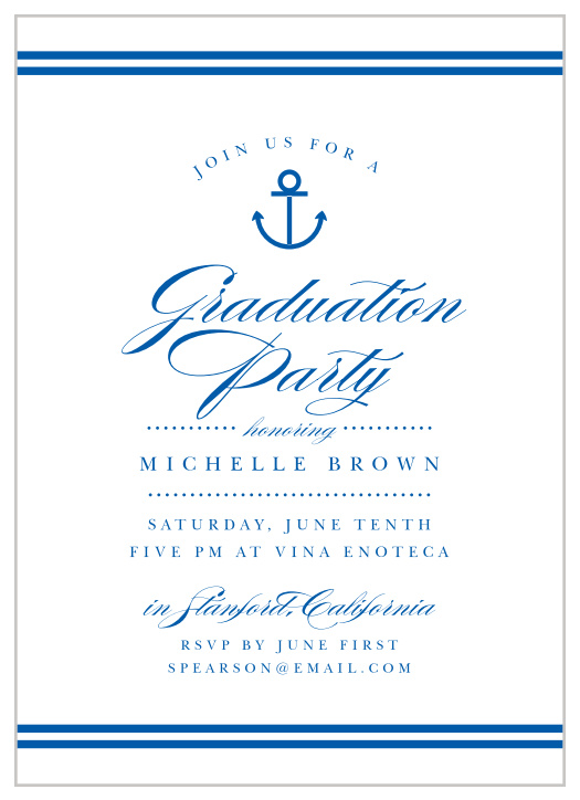Celebrate your young adult casting off from shore with our Little Anchor Graduation Party Invitations.