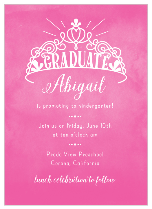 Celebrate your daughter's crowning achievement so far with our lovely Princess Crown Graduation Invitations. A textured pink background ensures that every word stands out sharp and clean in white, the mixture of calligraphy and type as easy to read as it is enjoyable. With a graduate crown to top all of your details, these cards are perfect for your little princess.