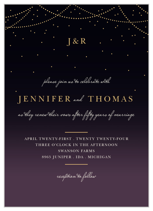 Enjoy the company of your friends and family when you use our Elegant Lights Vow Renewal Invitations to invite them to your big celebration!